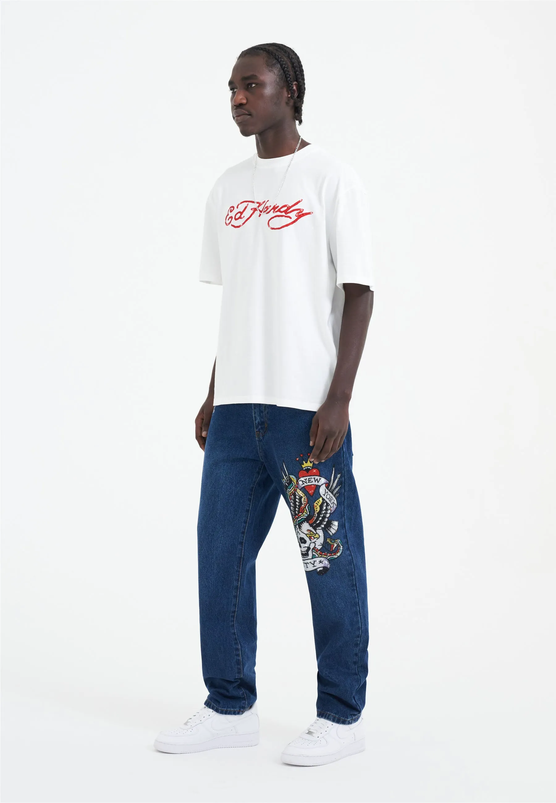Mens Skull Flame Diamante Tshirt - White