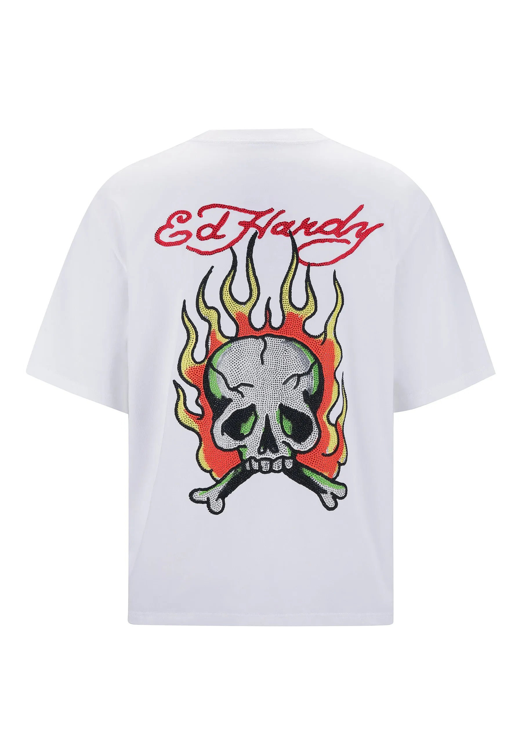 Mens Skull Flame Diamante Tshirt - White