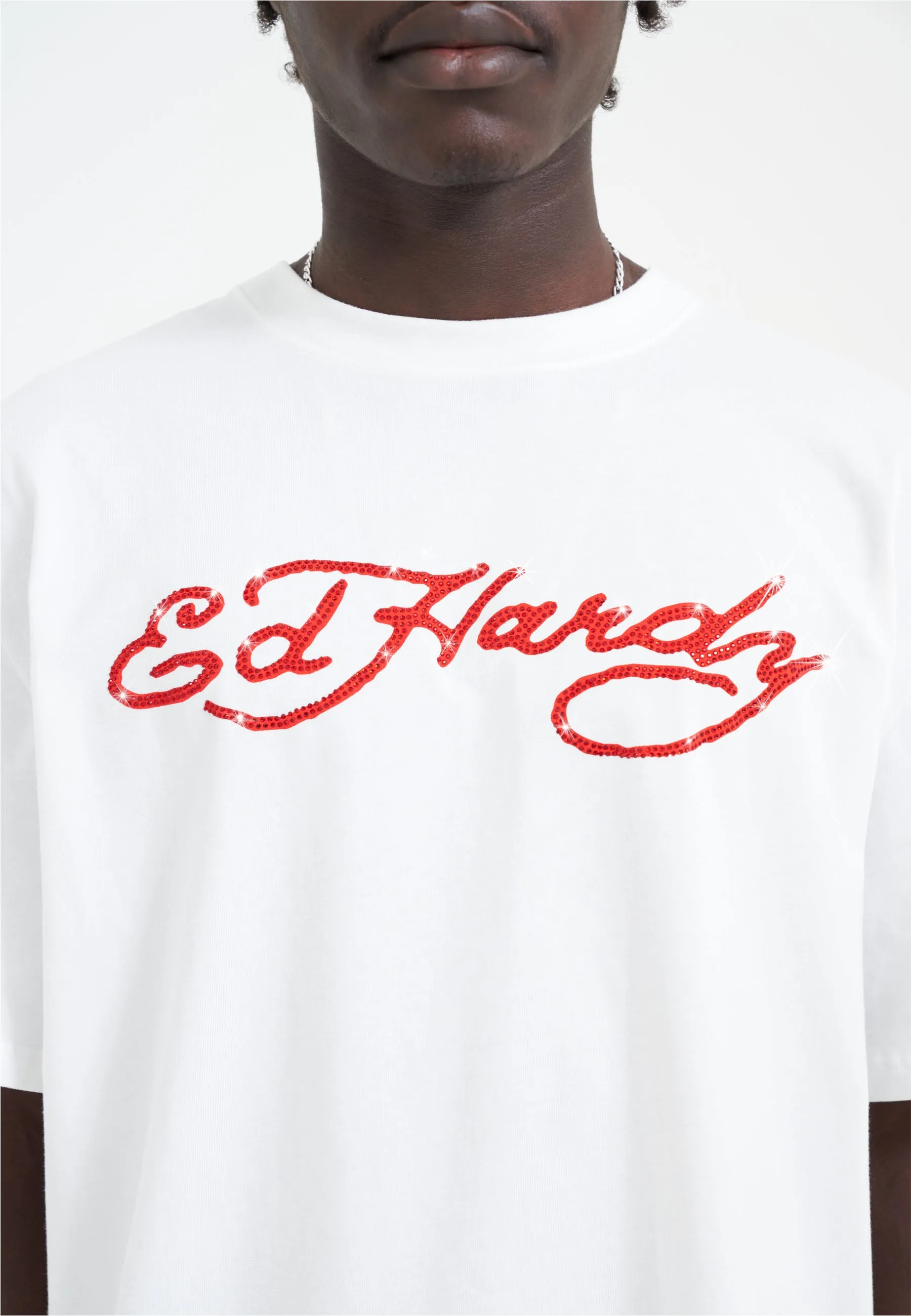 Mens Skull Flame Diamante Tshirt - White