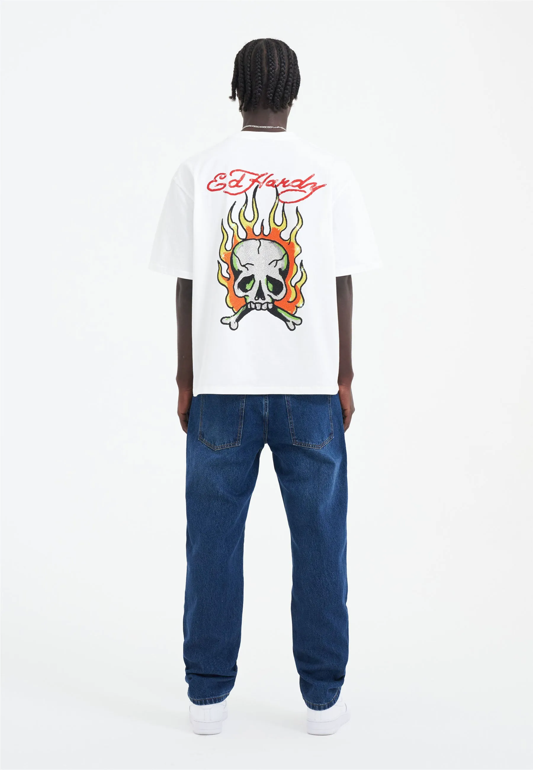 Mens Skull Flame Diamante Tshirt - White