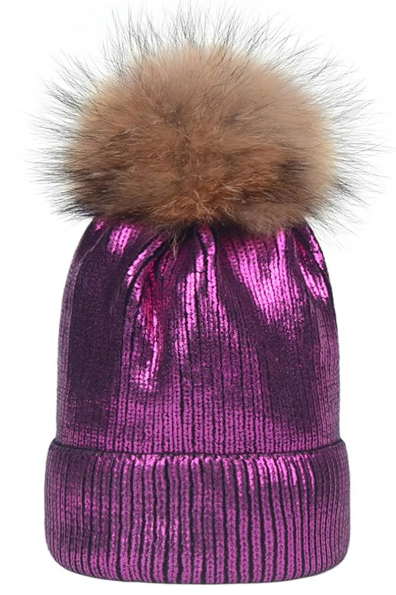 METALLIC SPARKLY FLUFFY POM POM BEANIE AQUA