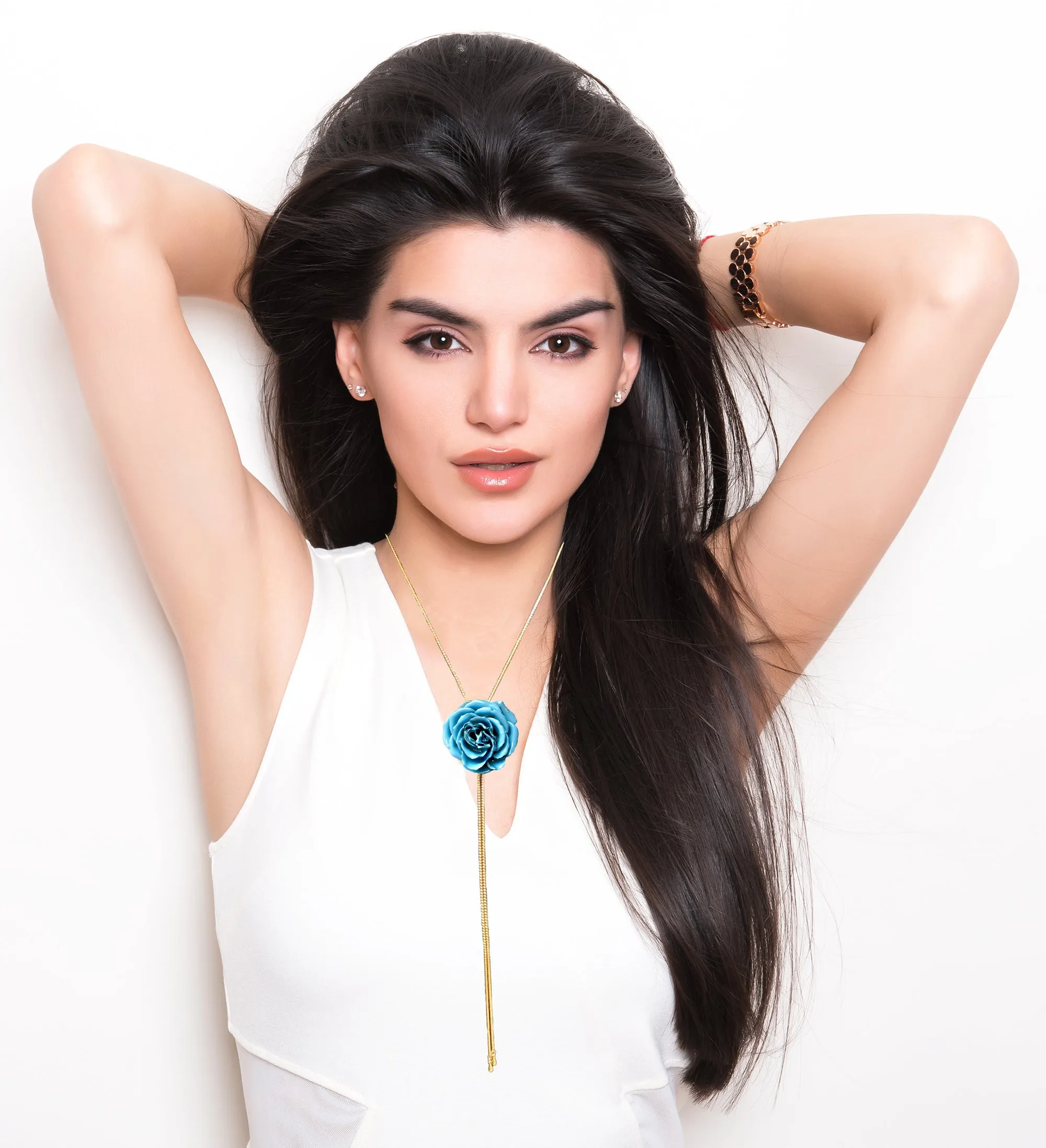 Mini Rose Mini 1.5-2.25 inch Pendant Necklace 18 inch Gold Plated 24K (Baby Blue)