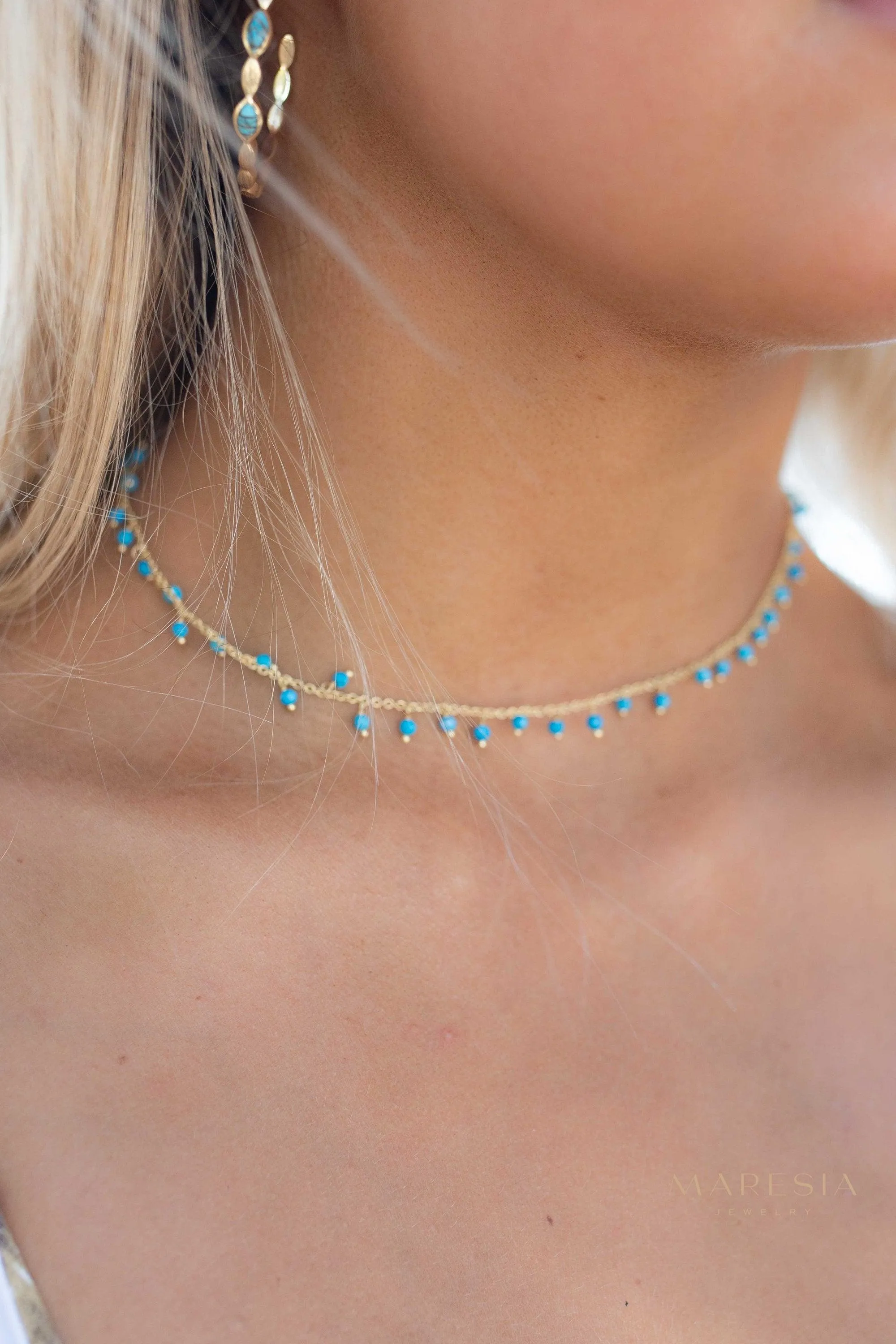 Moonstone, Labradorite, Aqua Chalcedony, Tourmaline or Turquoise Choker Necklace ~ Gold Plated 18k ~ MN132