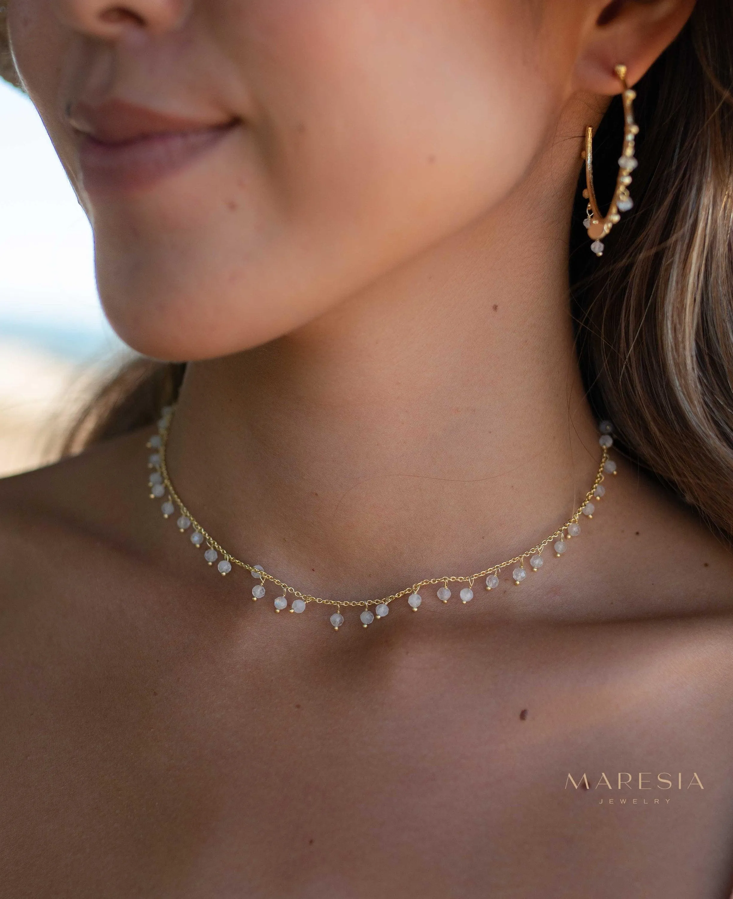 Moonstone, Labradorite, Aqua Chalcedony, Tourmaline or Turquoise Choker Necklace ~ Gold Plated 18k ~ MN132