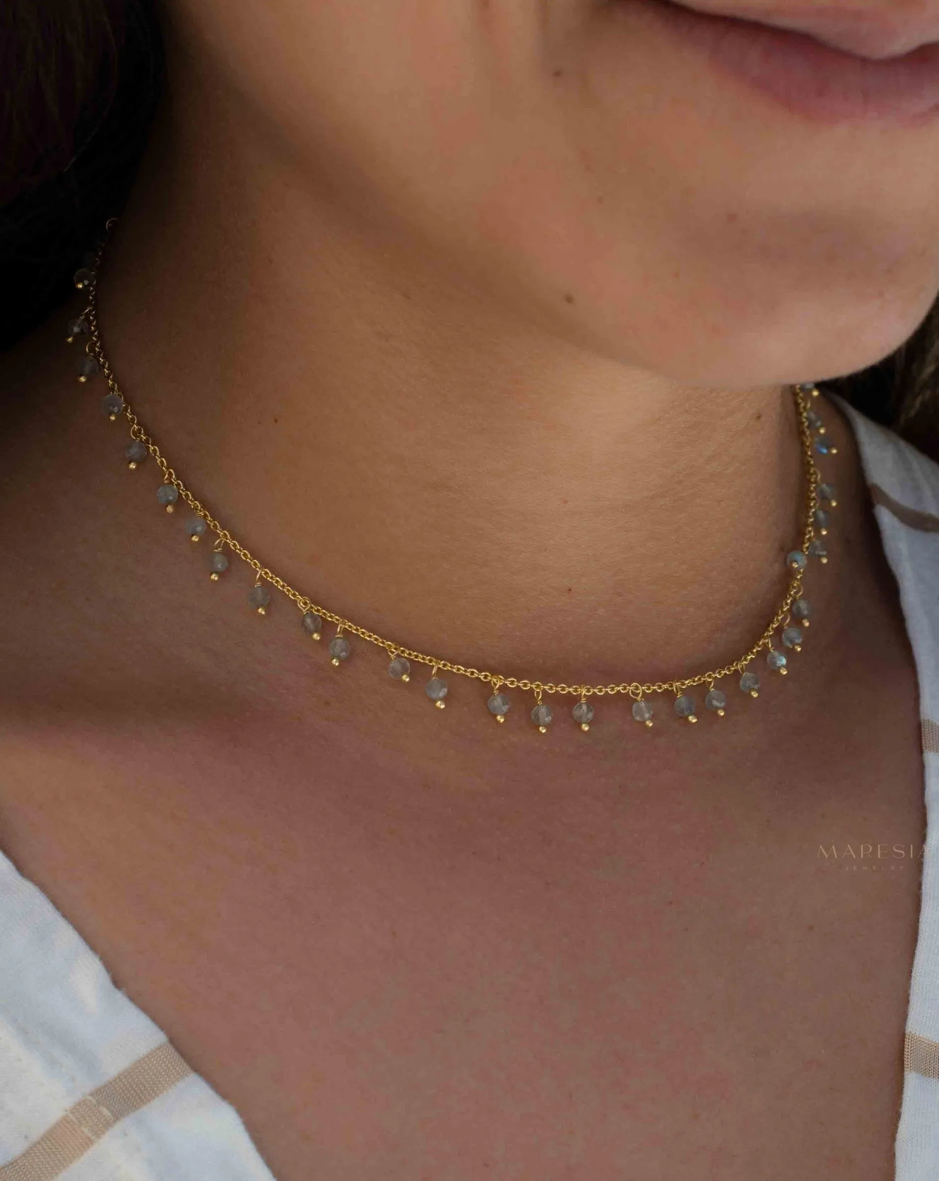 Moonstone, Labradorite, Aqua Chalcedony, Tourmaline or Turquoise Choker Necklace ~ Gold Plated 18k ~ MN132