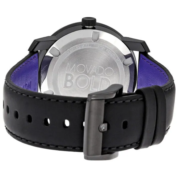 Movado Bold 42 mm Black Dial With Swarovski Crystal Marker Black Leather Strap Unisex Watch 3600044
