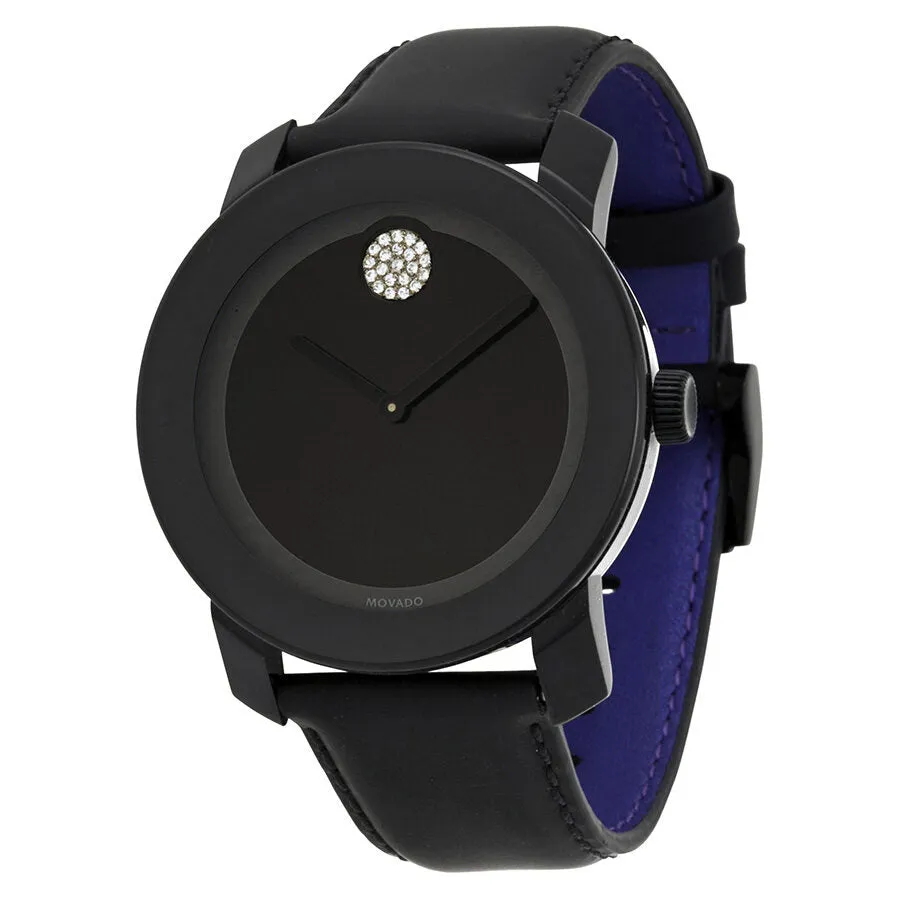 Movado Bold 42 mm Black Dial With Swarovski Crystal Marker Black Leather Strap Unisex Watch 3600044