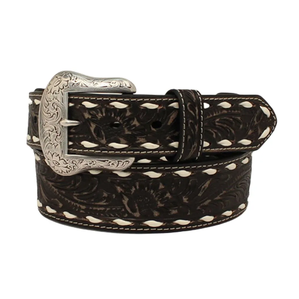 N210005101 Nocona Men's Embossed Distressed Black with White Buckstitch Belt