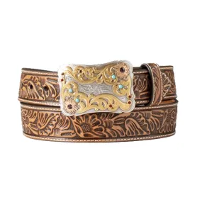 N320005648 Nocona Women's Floral Embossed Belt w/ Scalloped Belt Buckle