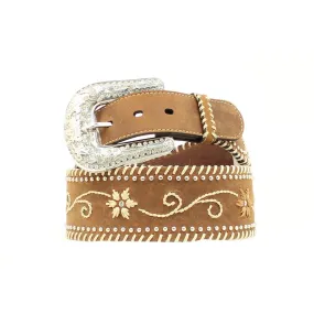 Nocona Ladies Wide Floral Embroidered Brown Leather Belt N3415002