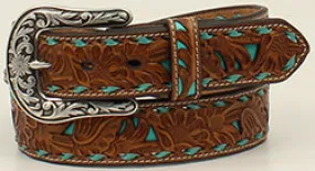 Nocona Women's Tan Turquoise Underlay Lace Edged Belt