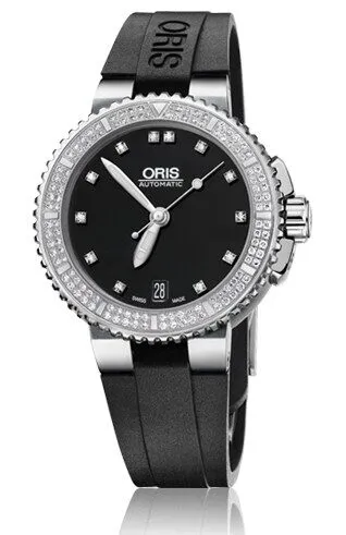 Oris Aquis Date Diamond Black Dial Black Rubber Ladies Watch 01 733 7652 4994-07 4 18 34