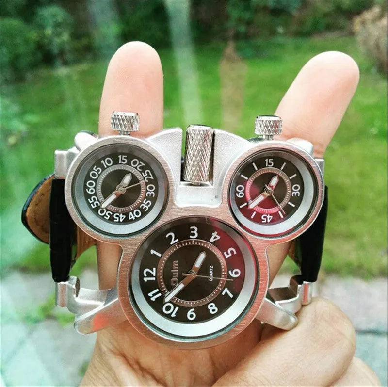 Oulm Mens Watches Top Brand Luxury Famous Tag Men's Military Wrist Watch 3 Time Zone Male Clock Leather Quartz Watch Man