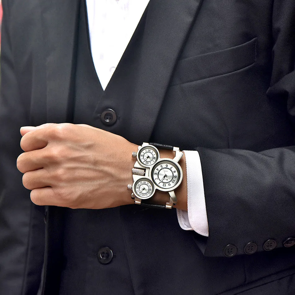 Oulm Mens Watches Top Brand Luxury Famous Tag Men's Military Wrist Watch 3 Time Zone Male Clock Leather Quartz Watch Man