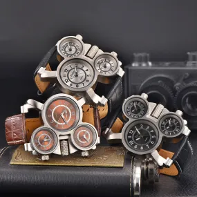 Oulm Mens Watches Top Brand Luxury Famous Tag Men's Military Wrist Watch 3 Time Zone Male Clock Leather Quartz Watch Man
