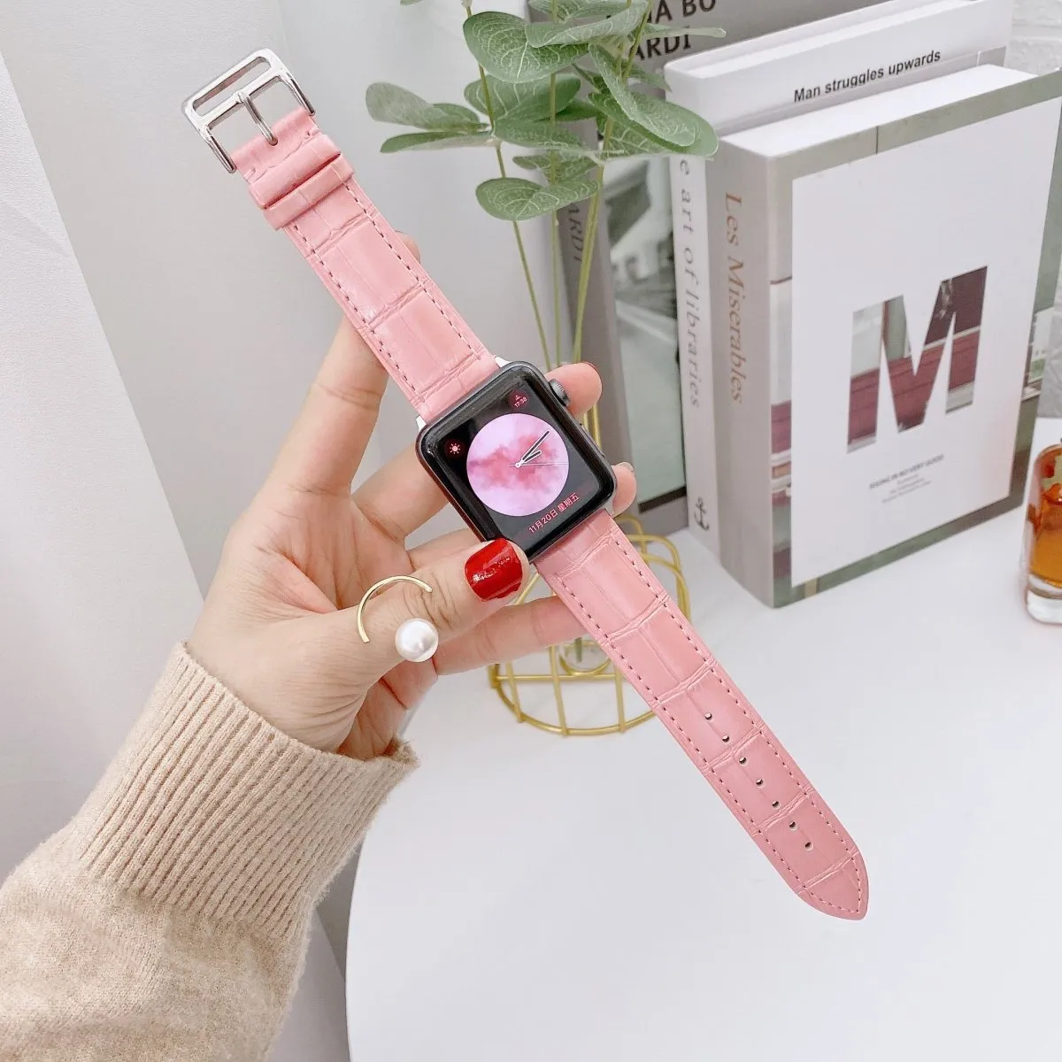 Pink Crocodile Grain Leather Band