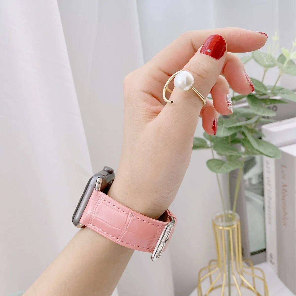 Pink Crocodile Grain Leather Band