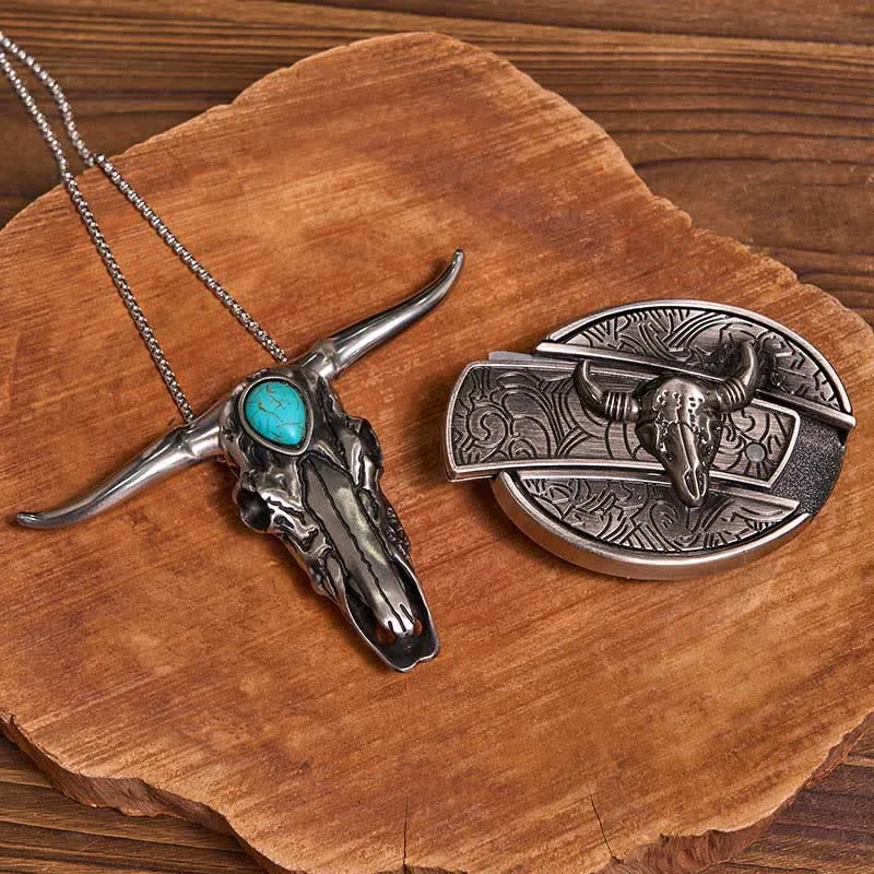 Practical DIY Hidden Knife Buckle Turquoise Longhorn Bull Pendant Bundle Set