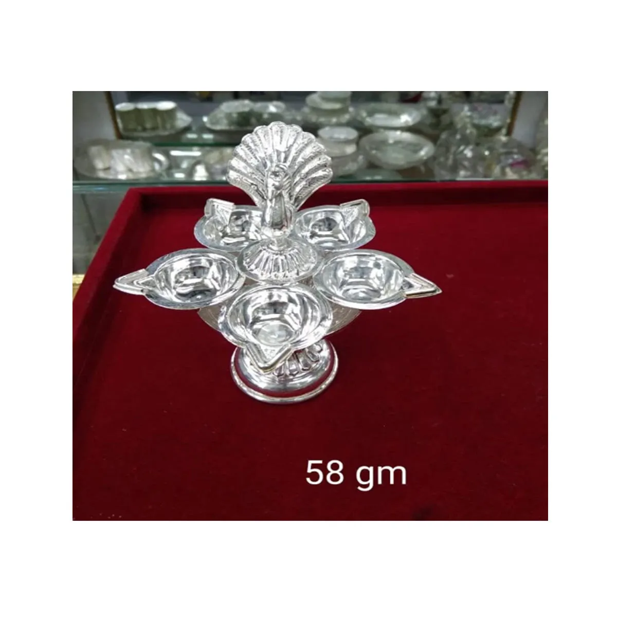 Pure Silver 5 Flame Diya with Peacock Design on Top of Diya for Home Temple, Gift Items, Diya for Pooja