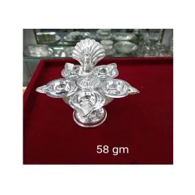 Pure Silver 5 Flame Diya with Peacock Design on Top of Diya for Home Temple, Gift Items, Diya for Pooja