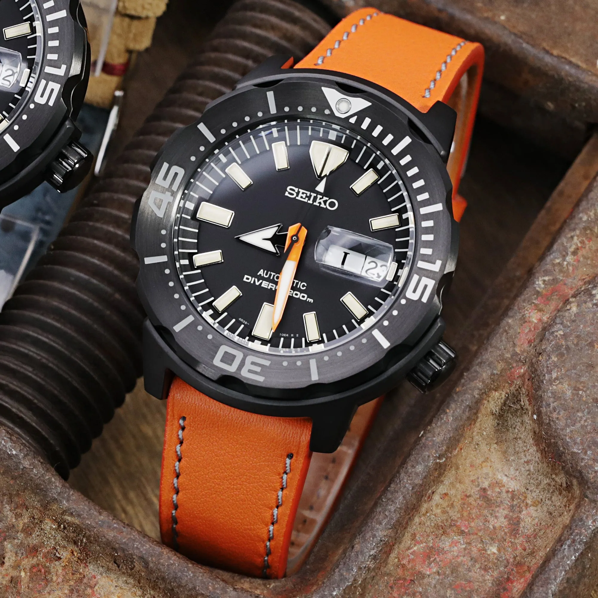 Q.R. 20mm Orange Tapered Leather Watch Band, Light Grey Stitching   Zermatt