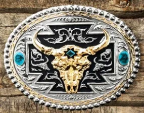 "Skull" Western Silver, Gold & Turquoise Belt Buckle