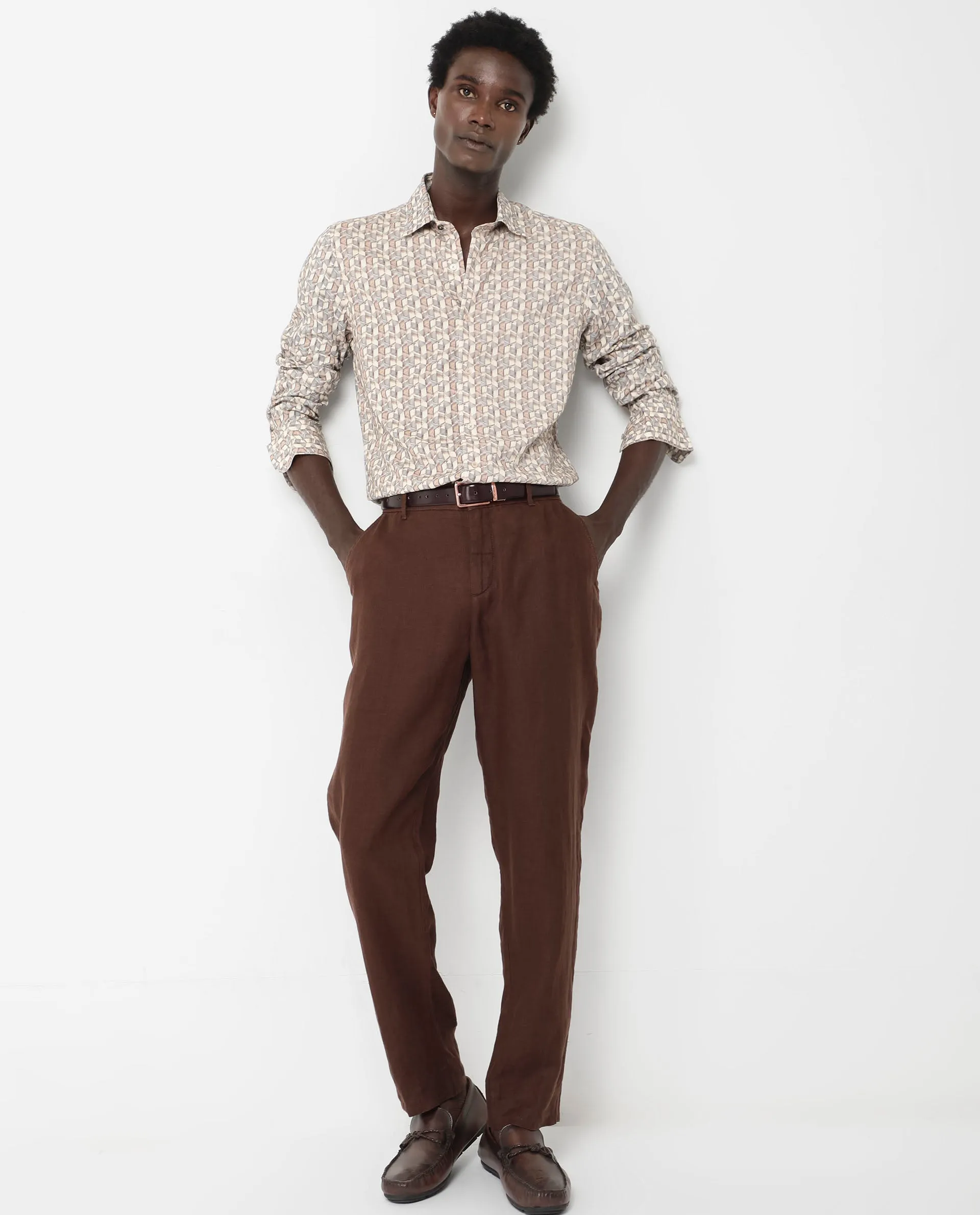 Rare Rabbit Men's Denberg LS Beige Viscose Fabric Full Sleeves Print Regular Fit Shirt