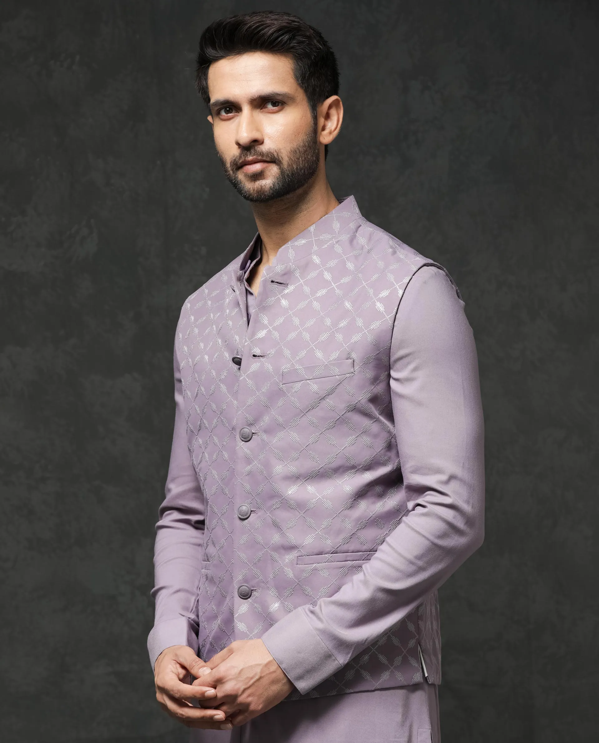 Rare Rabbit Men's Medo-B1 Pastel Purple Poly Viscose Elastane Fabric Mandarin Collar Sleeveless Geometric Embroidered Bandi