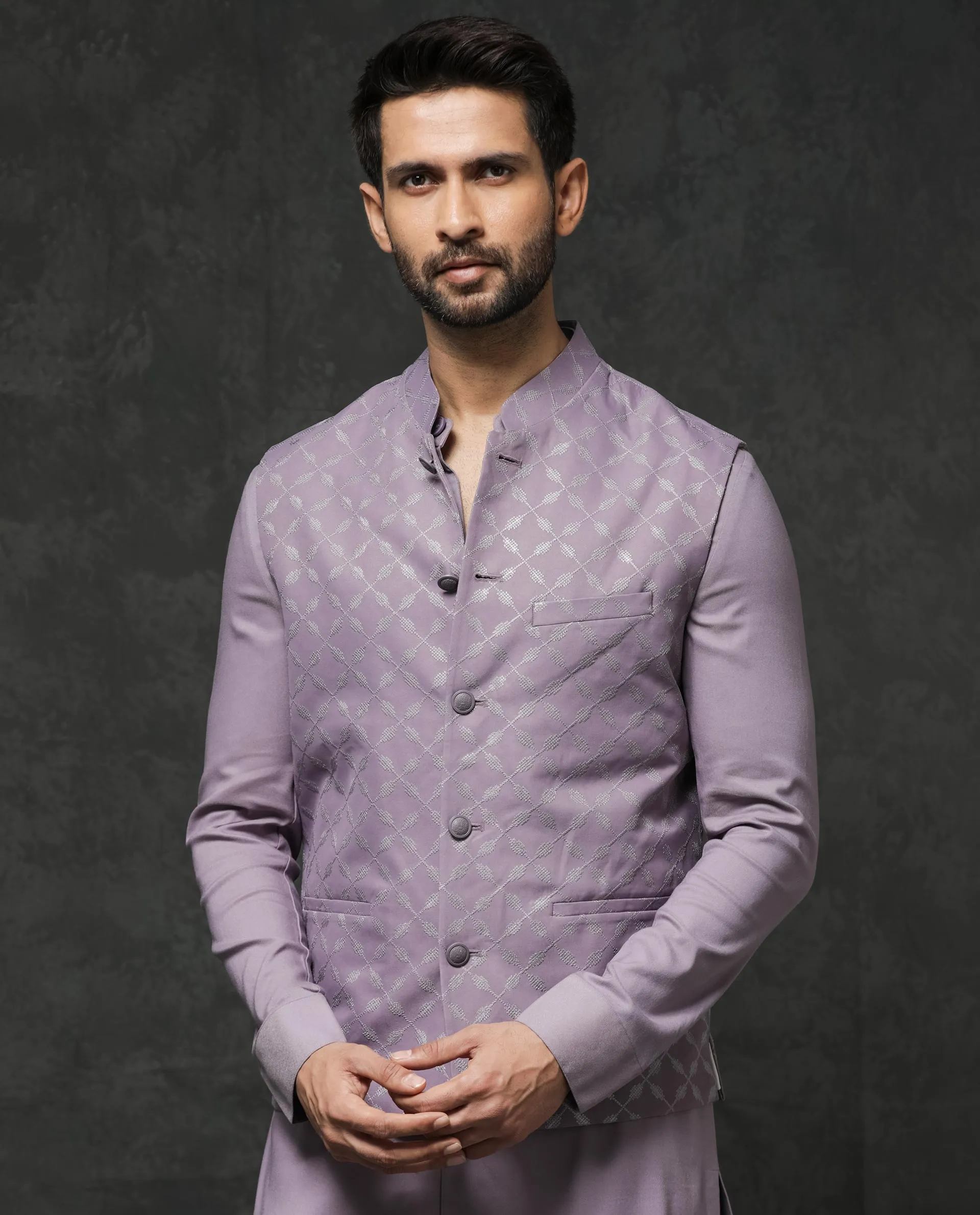 Rare Rabbit Men's Medo-B1 Pastel Purple Poly Viscose Elastane Fabric Mandarin Collar Sleeveless Geometric Embroidered Bandi