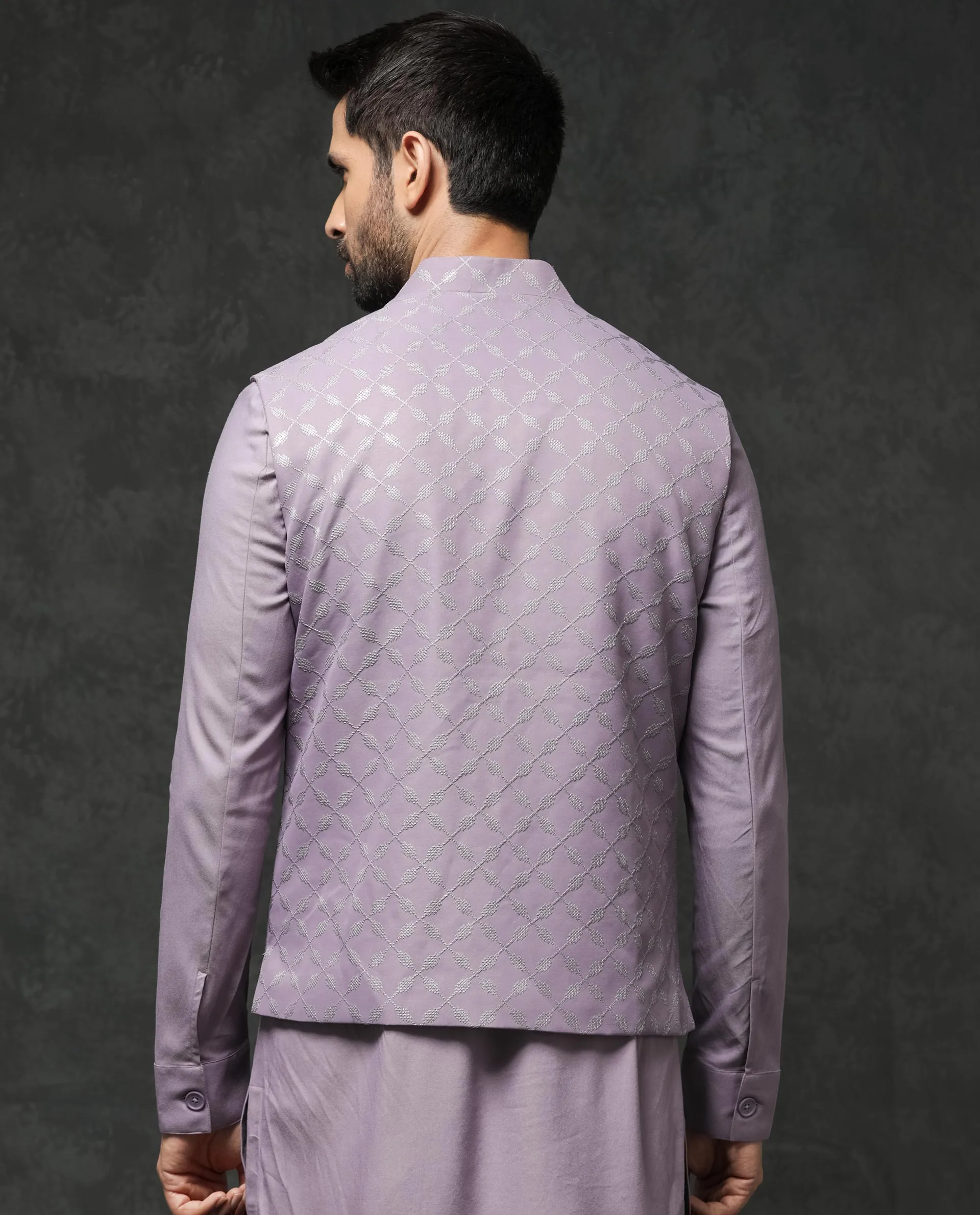 Rare Rabbit Men's Medo-B1 Pastel Purple Poly Viscose Elastane Fabric Mandarin Collar Sleeveless Geometric Embroidered Bandi