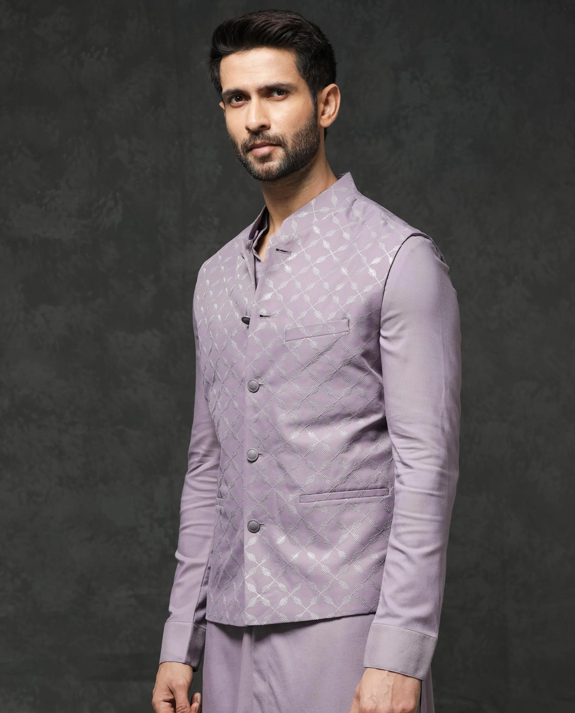 Rare Rabbit Men's Medo-B1 Pastel Purple Poly Viscose Elastane Fabric Mandarin Collar Sleeveless Geometric Embroidered Bandi