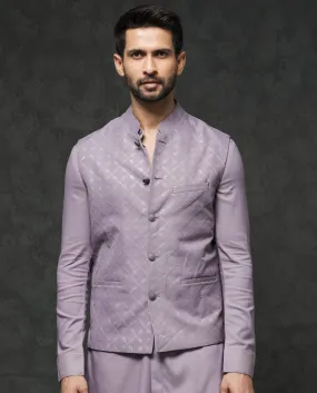Rare Rabbit Men's Medo-B1 Pastel Purple Poly Viscose Elastane Fabric Mandarin Collar Sleeveless Geometric Embroidered Bandi