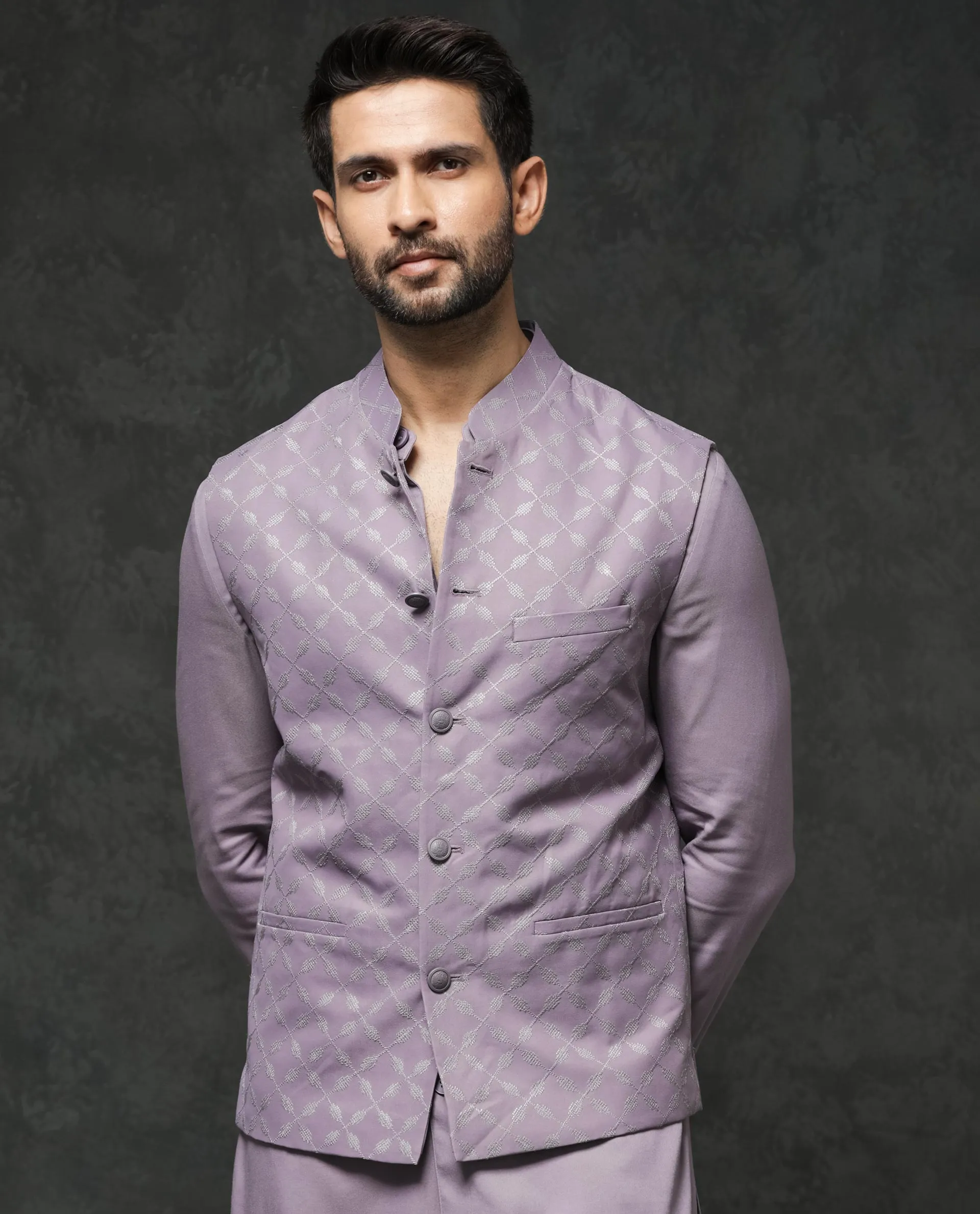 Rare Rabbit Men's Medo-B1 Pastel Purple Poly Viscose Elastane Fabric Mandarin Collar Sleeveless Geometric Embroidered Bandi