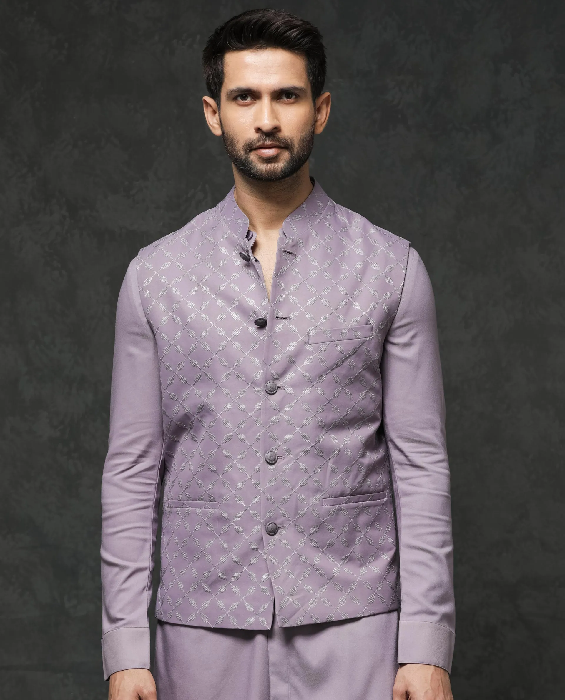 Rare Rabbit Men's Medo-B1 Pastel Purple Poly Viscose Elastane Fabric Mandarin Collar Sleeveless Geometric Embroidered Bandi