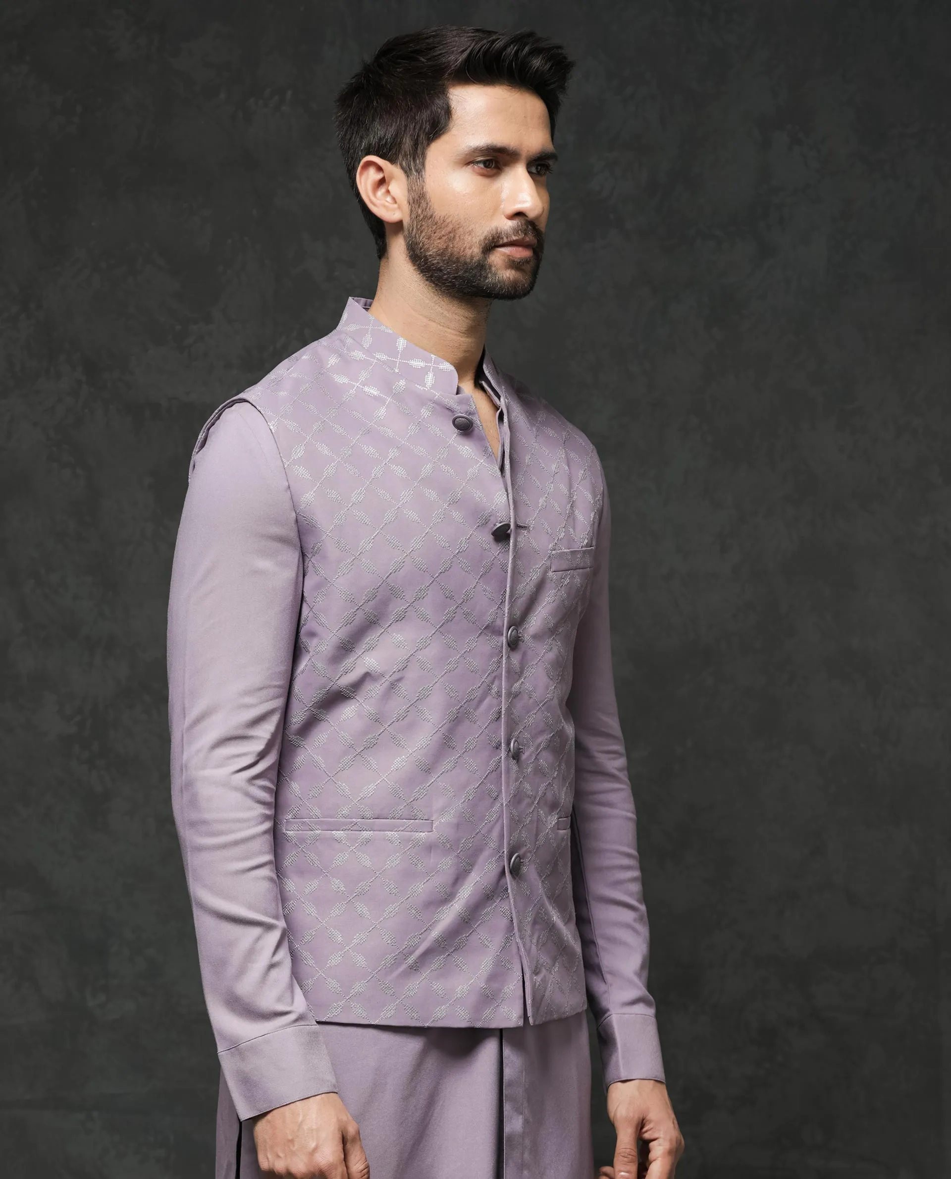 Rare Rabbit Men's Medo-B1 Pastel Purple Poly Viscose Elastane Fabric Mandarin Collar Sleeveless Geometric Embroidered Bandi