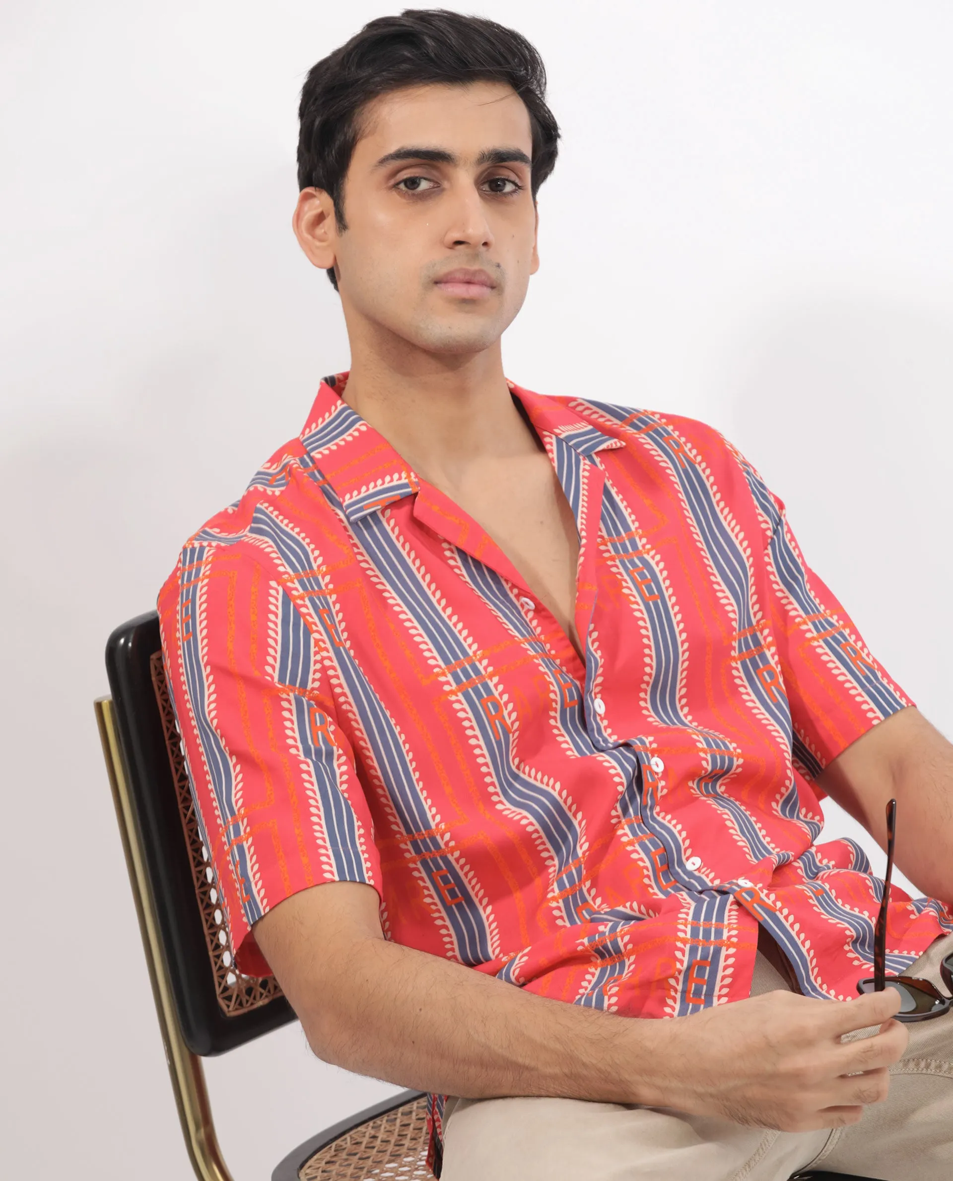 Rare Rabbit Mens Quena Red Viscose Fabric Cuban Collar Half Sleeves Boxy Fit Geometric Stripe Print Shirt