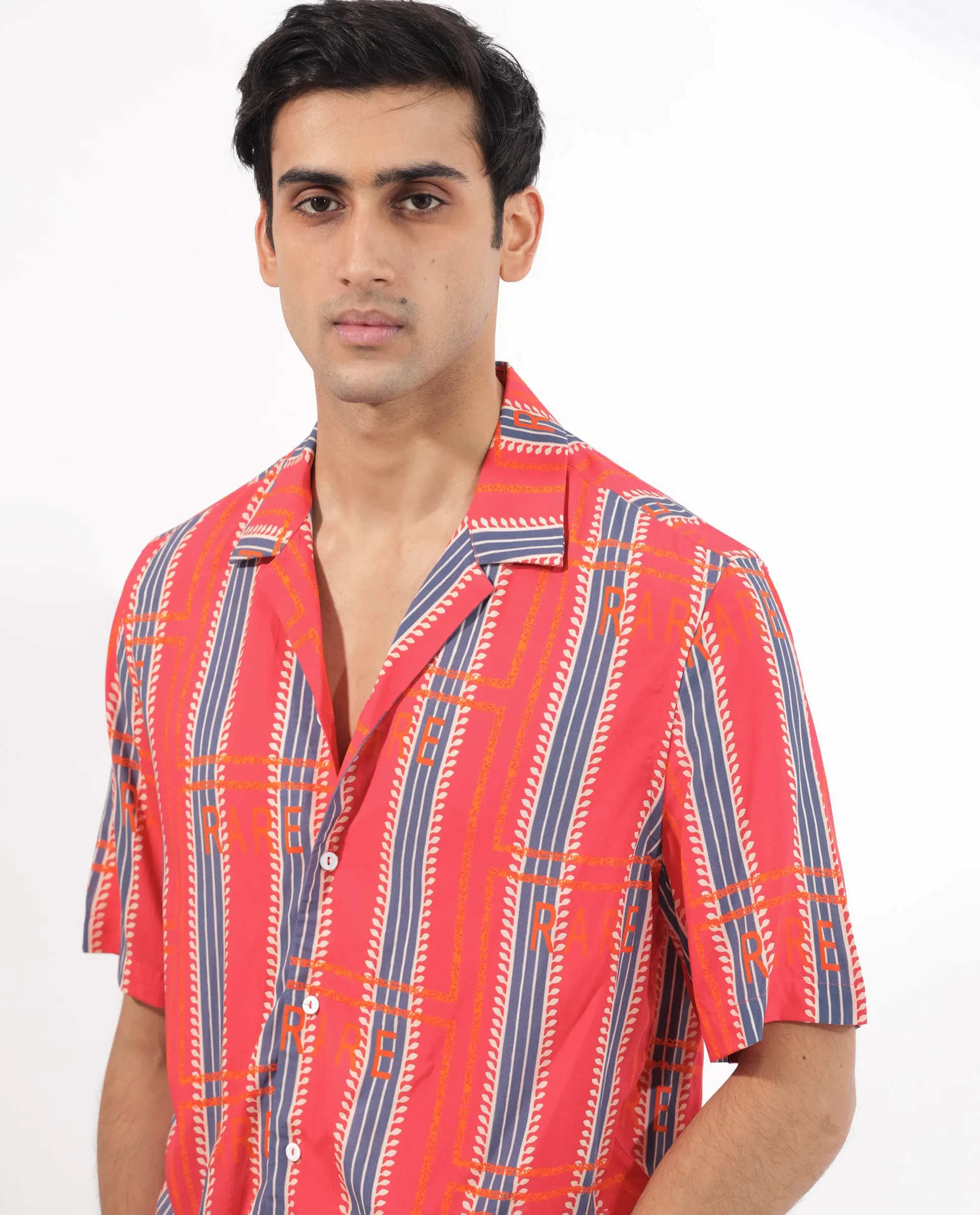 Rare Rabbit Mens Quena Red Viscose Fabric Cuban Collar Half Sleeves Boxy Fit Geometric Stripe Print Shirt