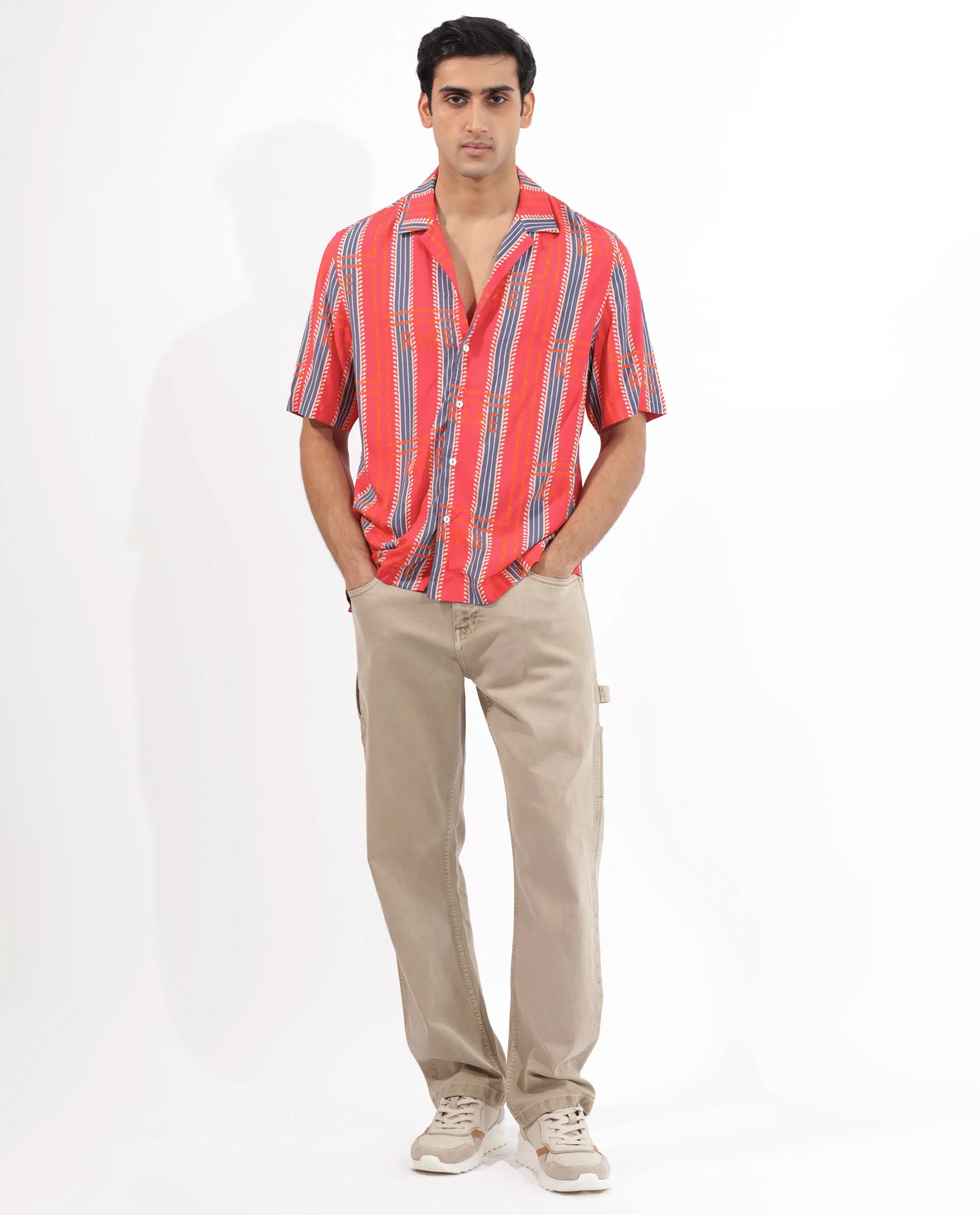 Rare Rabbit Mens Quena Red Viscose Fabric Cuban Collar Half Sleeves Boxy Fit Geometric Stripe Print Shirt