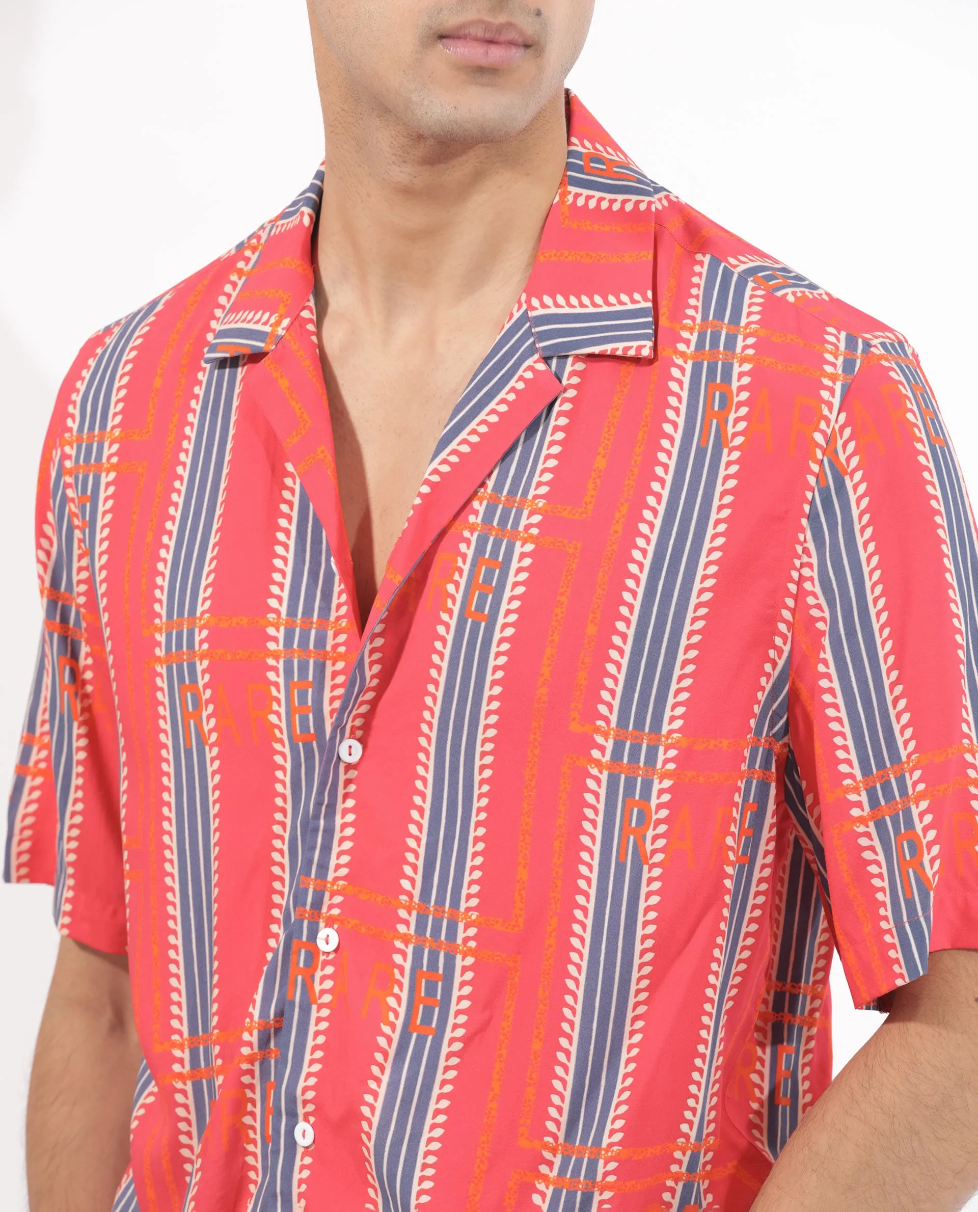 Rare Rabbit Mens Quena Red Viscose Fabric Cuban Collar Half Sleeves Boxy Fit Geometric Stripe Print Shirt