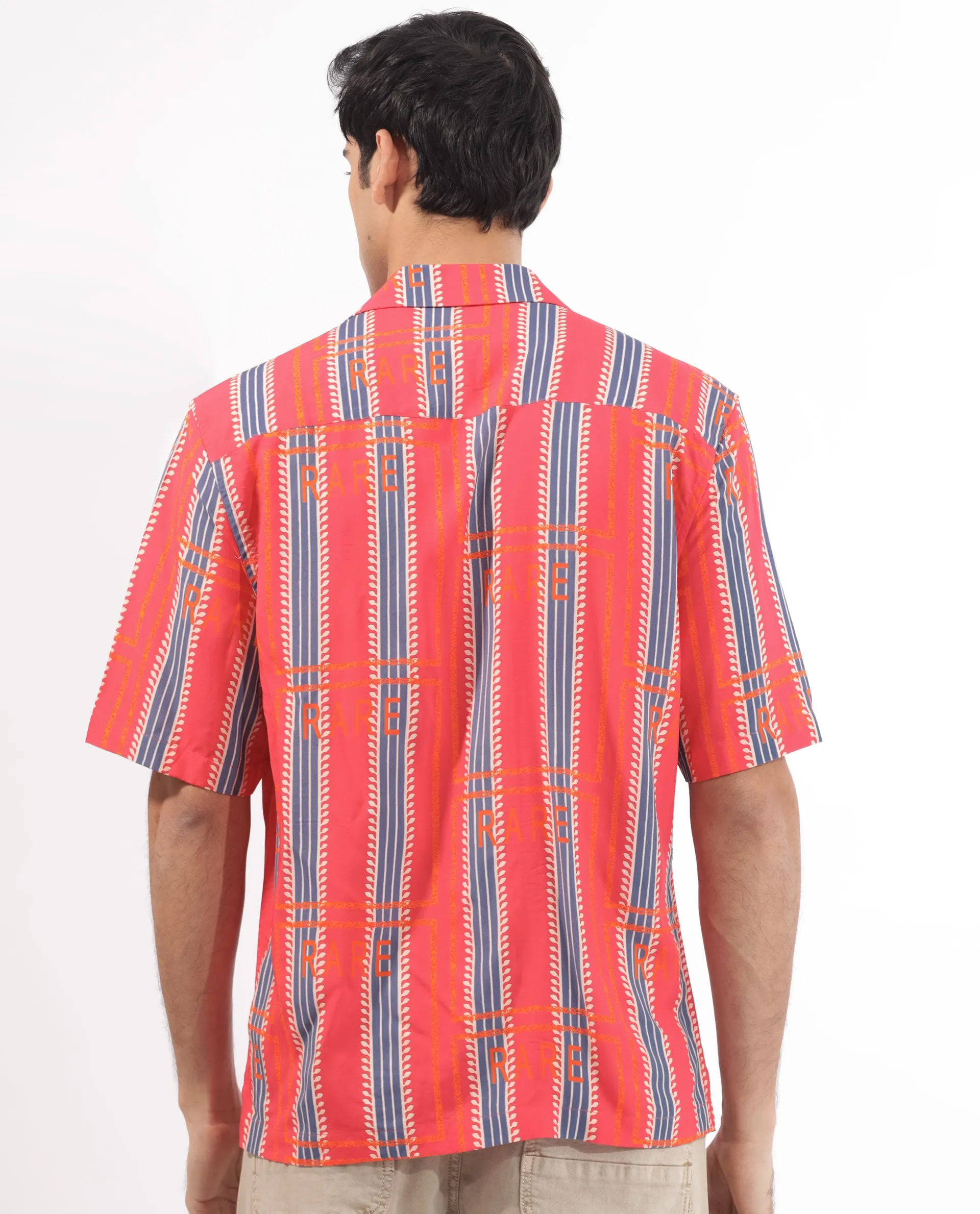 Rare Rabbit Mens Quena Red Viscose Fabric Cuban Collar Half Sleeves Boxy Fit Geometric Stripe Print Shirt