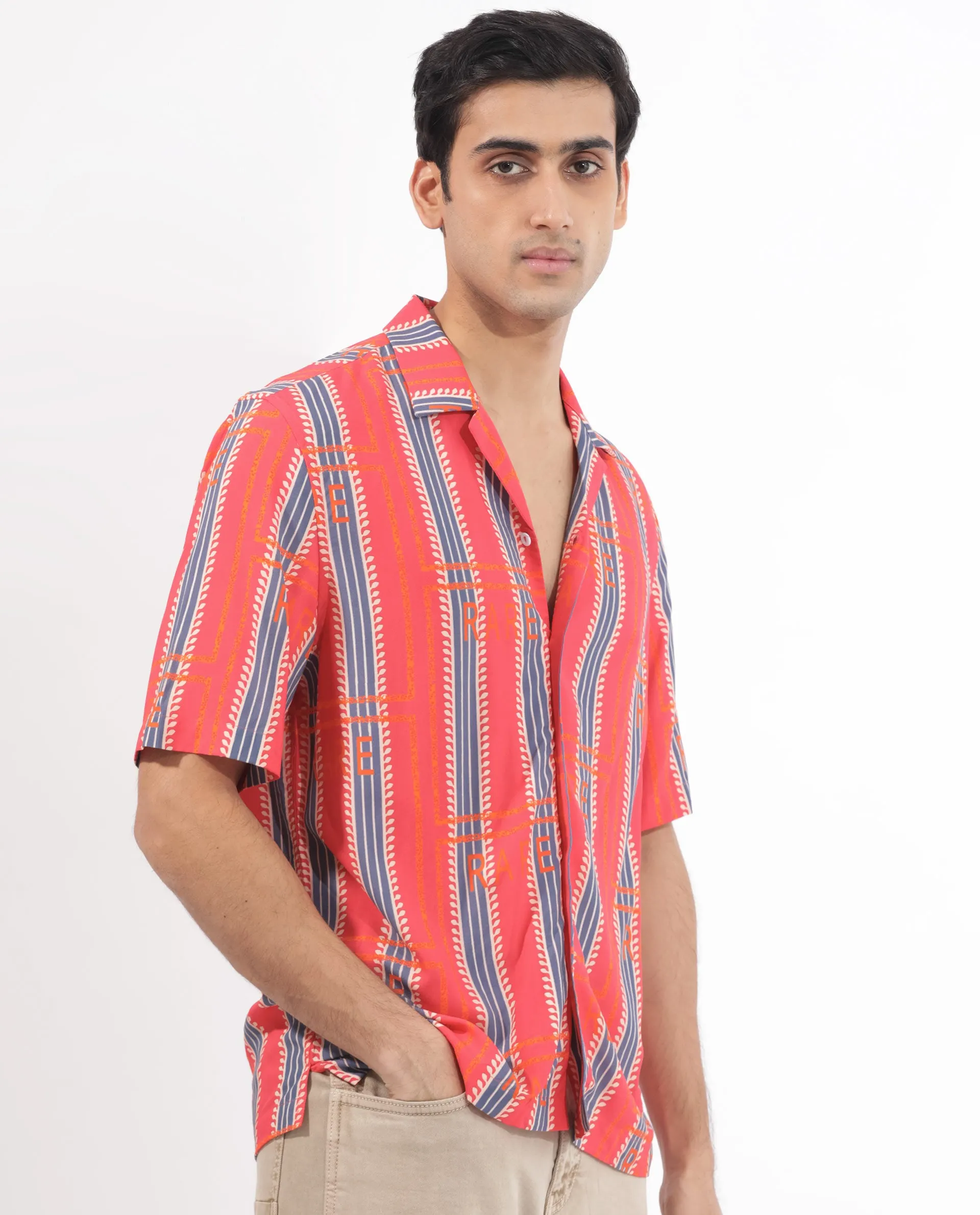 Rare Rabbit Mens Quena Red Viscose Fabric Cuban Collar Half Sleeves Boxy Fit Geometric Stripe Print Shirt
