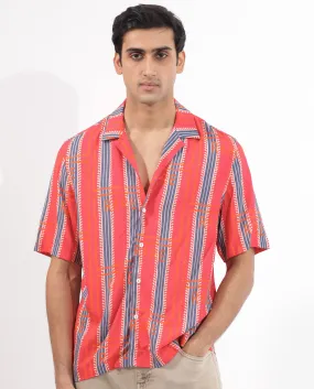 Rare Rabbit Mens Quena Red Viscose Fabric Cuban Collar Half Sleeves Boxy Fit Geometric Stripe Print Shirt