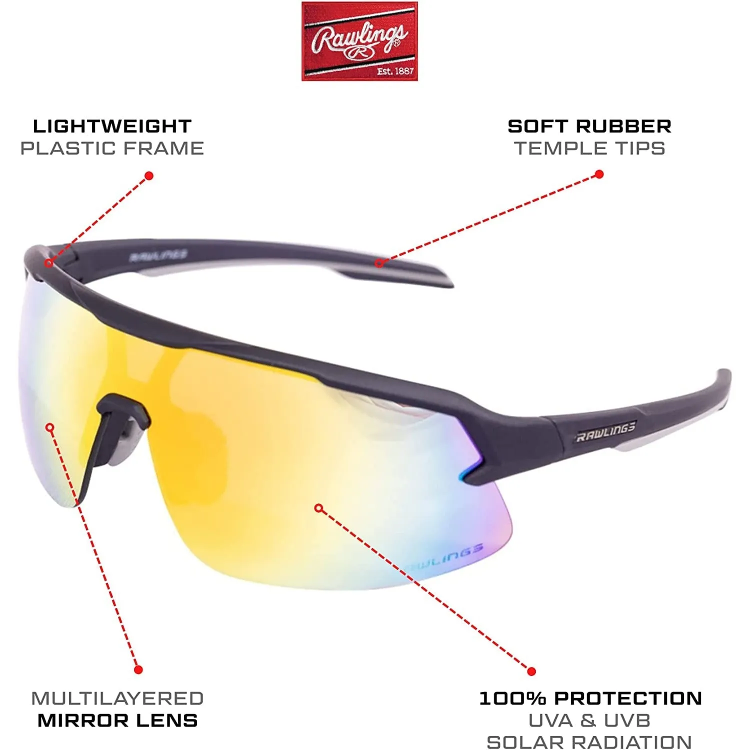 Rawlings RY2101 Youth Boys Baseball Shield Sunglasses Sport (Black/Yellow)