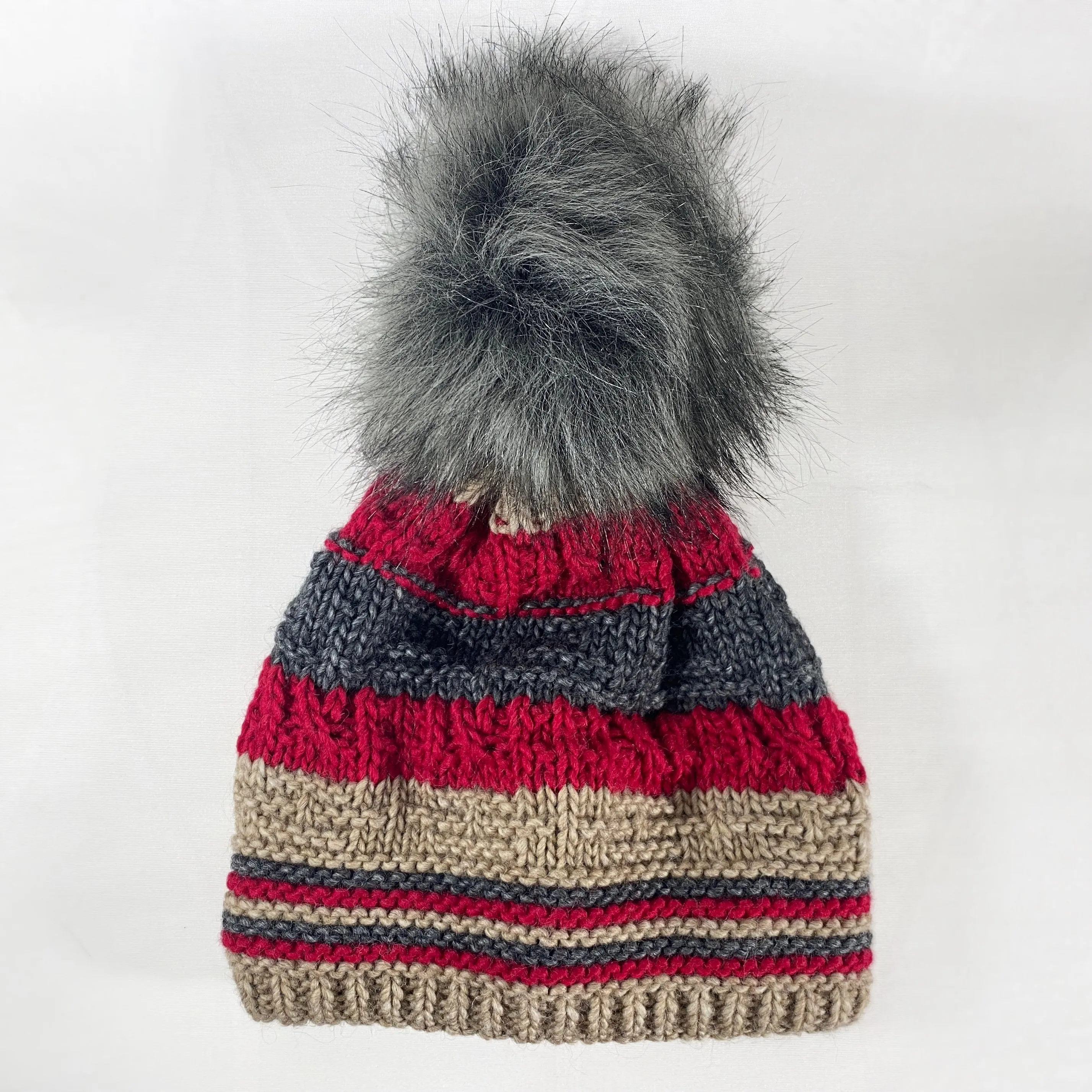 Red, Brown, and Gray Winter Beanie With Pompom - Made From Italian Wool, Acrylic Yarn, and Faux Fur