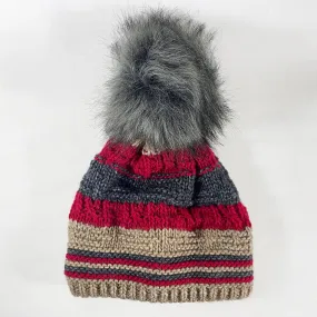 Red, Brown, and Gray Winter Beanie With Pompom - Made From Italian Wool, Acrylic Yarn, and Faux Fur