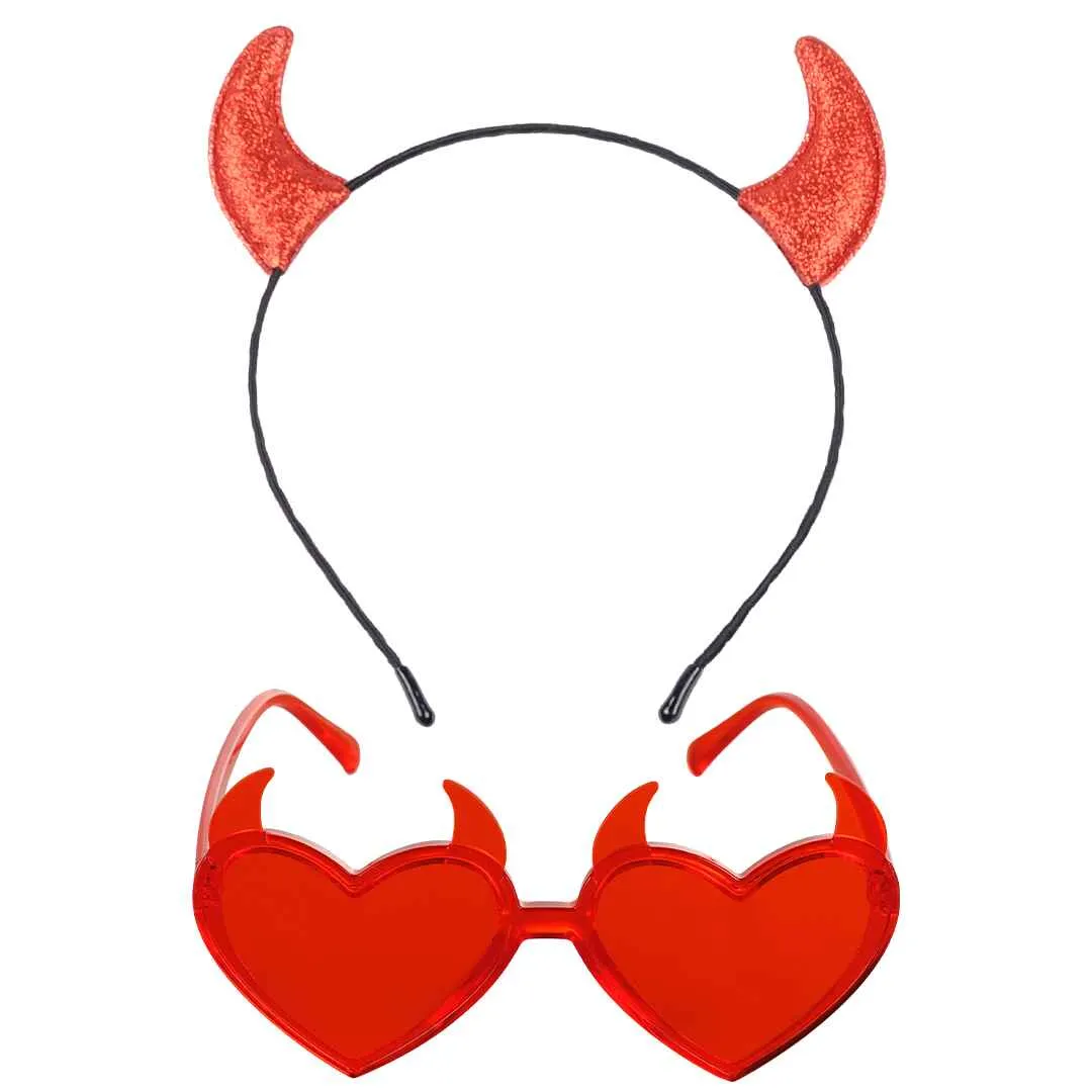 Red Devil Horns Headband Glasses Set - Glitter Devil Ears Headband - FUNCREDIBLE