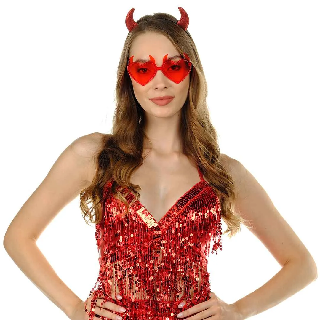 Red Devil Horns Headband Glasses Set - Glitter Devil Ears Headband - FUNCREDIBLE