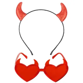 Red Devil Horns Headband Glasses Set - Glitter Devil Ears Headband - FUNCREDIBLE