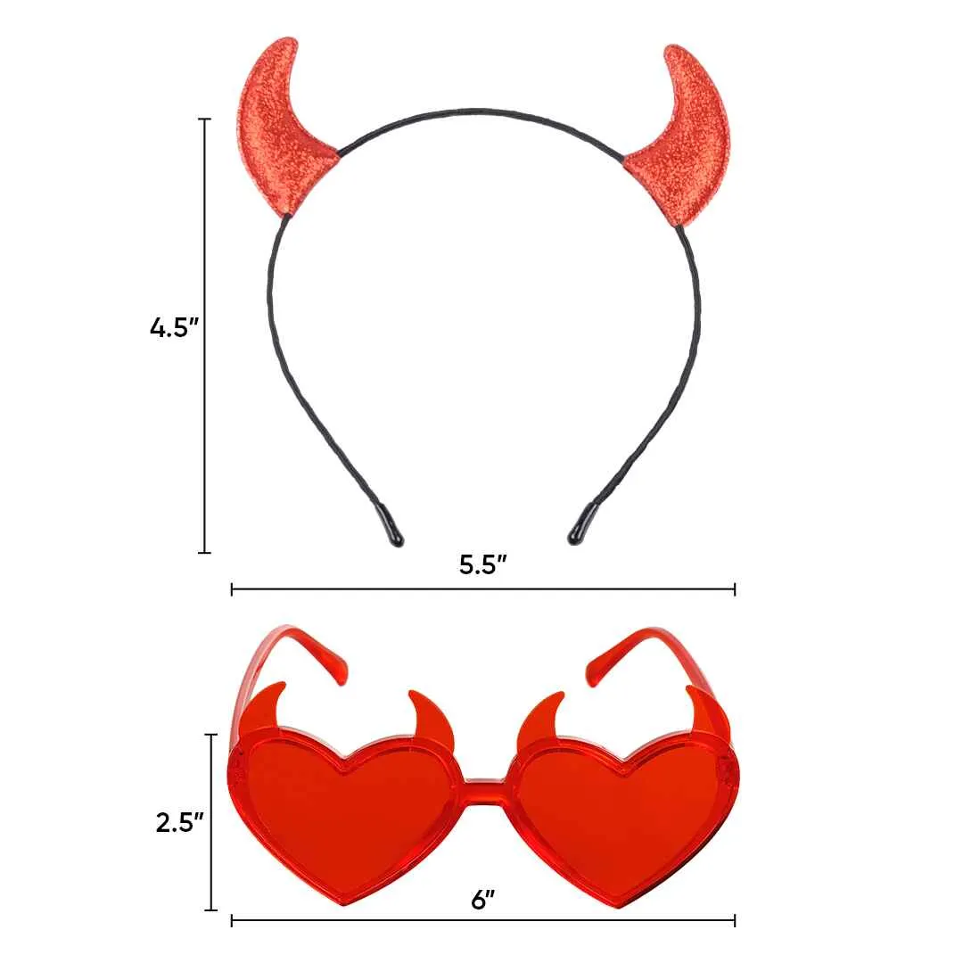 Red Devil Horns Headband Glasses Set - Glitter Devil Ears Headband - FUNCREDIBLE