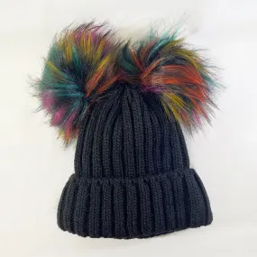 RESERVED FOR TIM - Black Winter Beanie With Dual Multicolor Pompoms - Made From Italian Wool, Acrylic Yarn, and Faux Fur